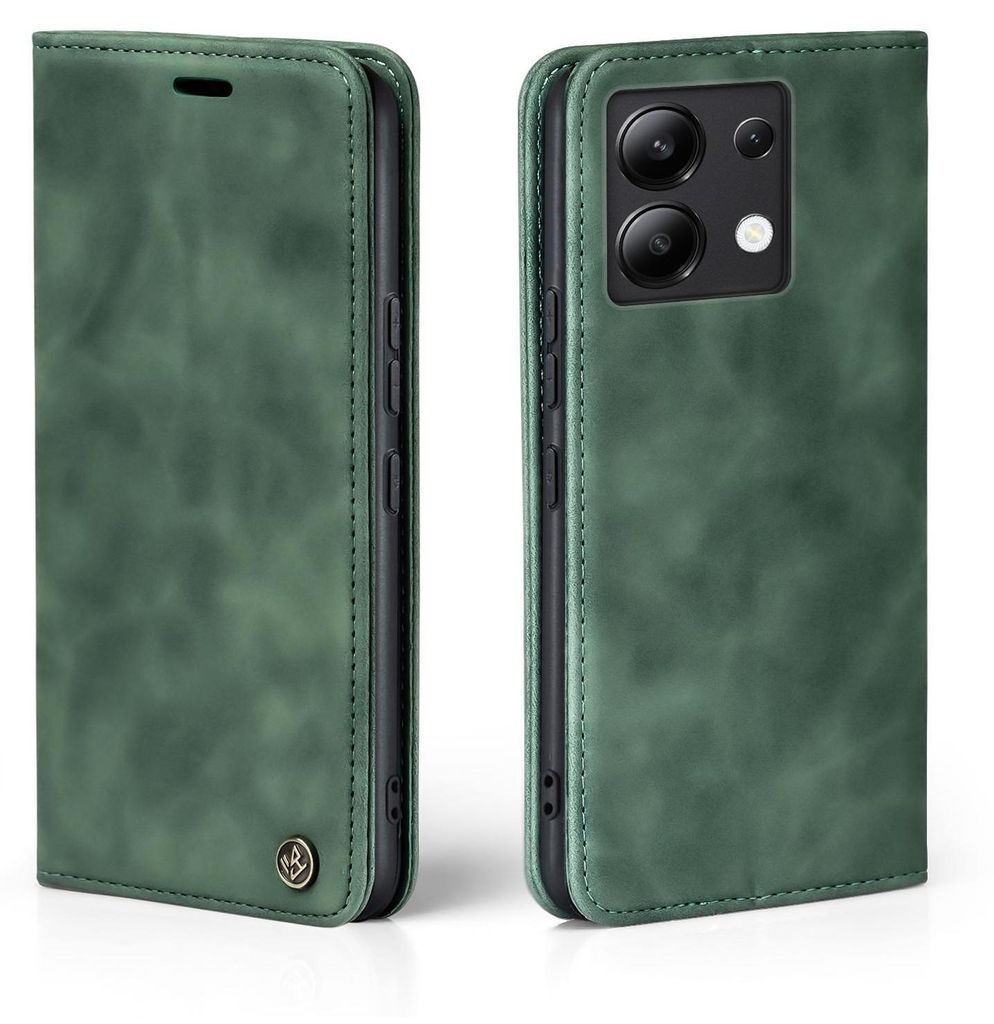 A green flip case for a smartphone is shown from two angles.