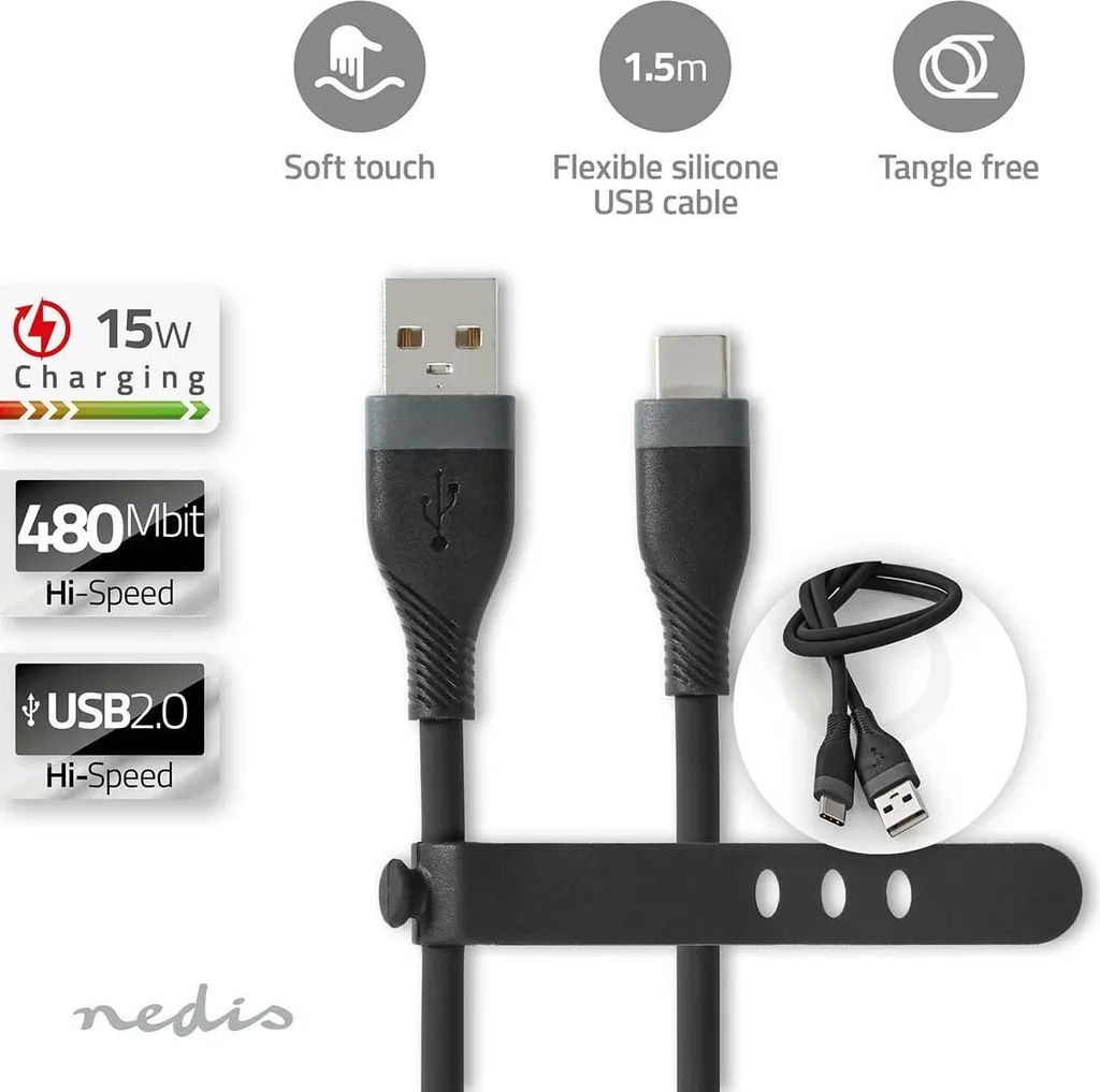 Cavo USB-C Silicone Nero 1.5m | Ricarica 15W e Dati 480Mbps | Nedis