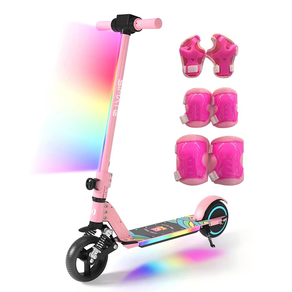 Elektroroller Kinder mit Schutzausrüstung, Elektroscooter Für 6–12 Jahre, 130W, 14 km/h, 5–8 km, LED-Display, Stoßdämpfer, Klappbar E-Scoot...