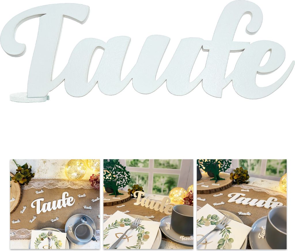 Oblique Unique Schriftzug Taufe aus Holz als Tischdeko für Kommunion Deko Dekoration Junge Mädchen - weiß