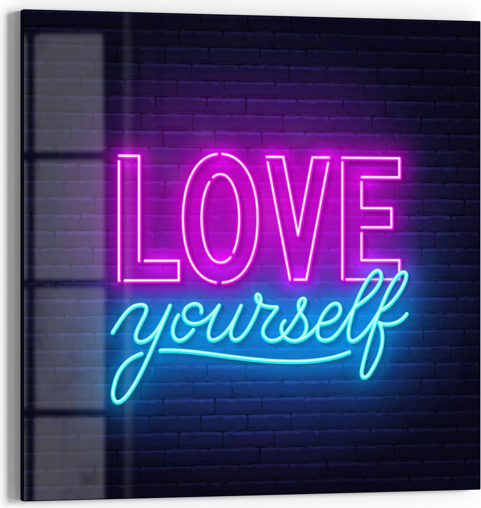 DEQORI Glasbild Echtglas 30x30 cm 'Neonschrift Selbstliebe' Wandbild Bild modern Deko