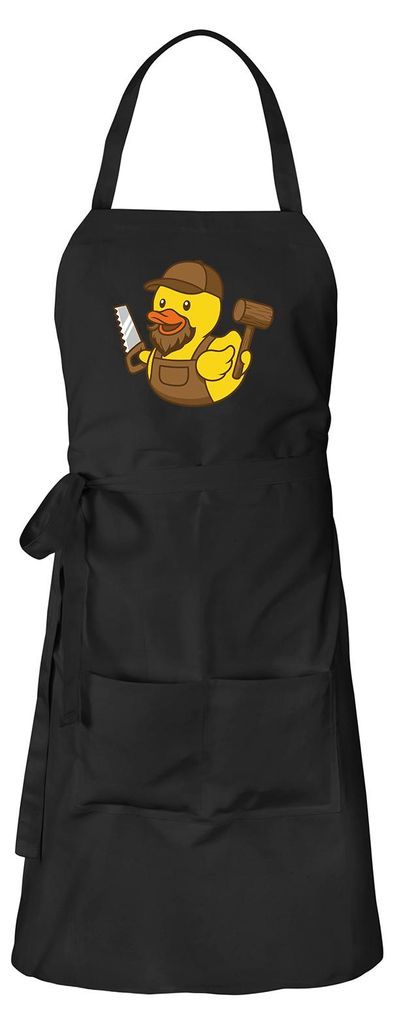 Huuraa Schürze Quietscheente Schreinerei Comic Gummiente Schwarz mit Taschen Baumwolle Kochschürze Geschenkidee