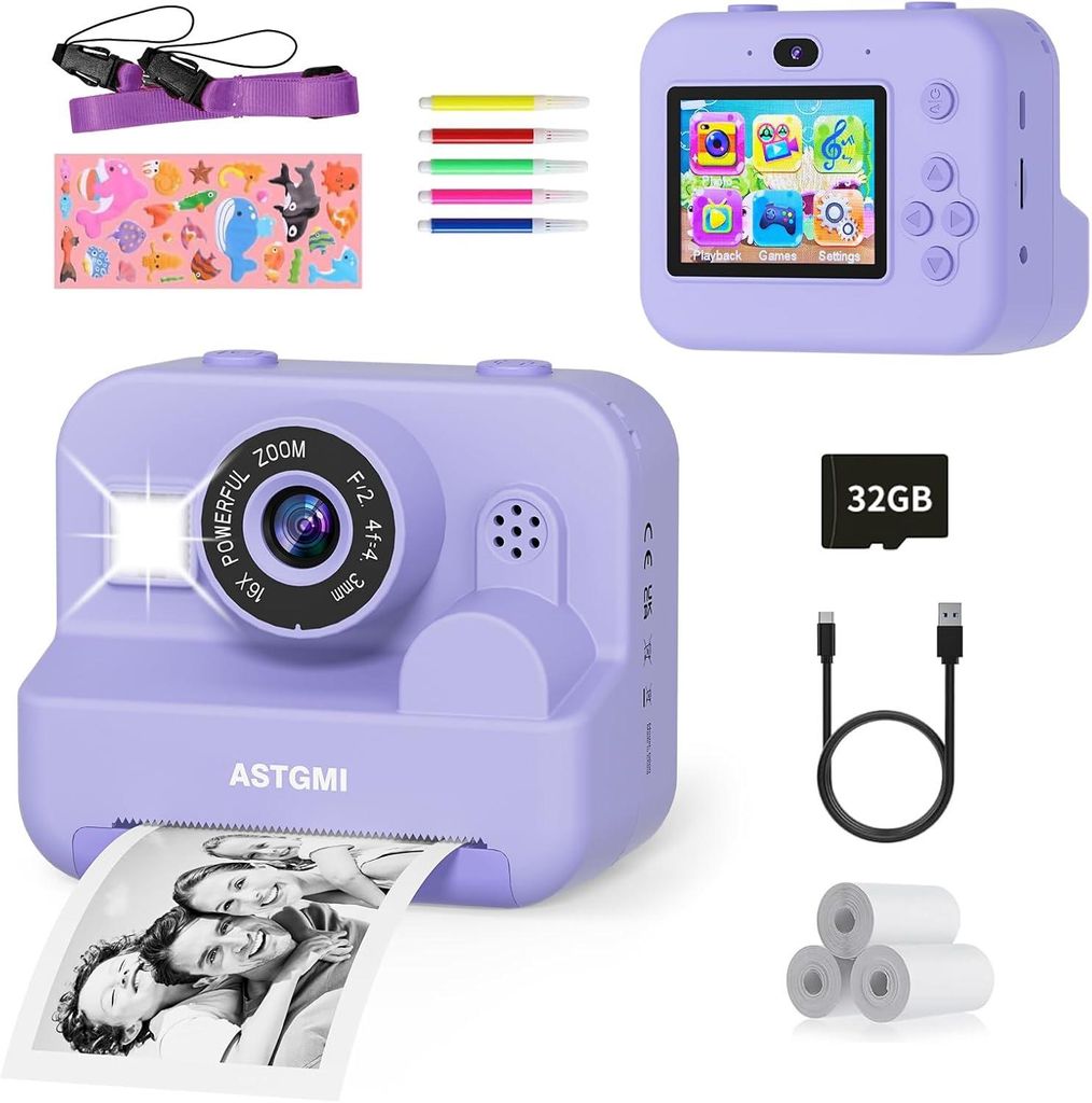 Sofortbildkamera, Kinderkamera, DigitalKamera, 1080P HD Kamera Kinder Sofortdruck, 2,4 Zoll Bildschirm, mit 32GB Karte und Druckpapier