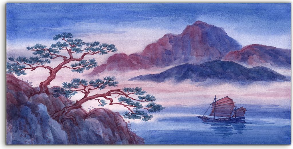 Coloray Spritzschutz aus Glas 120x60 Wandkunst Küchenrückwand Berge und Segelboot auf dem Wasser