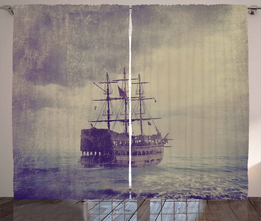 ABAKUHAUS Nautisch Rustikaler Vorhang, Altes Piraten-Schiff in Meer, Wohnzimmer Universalband Gardinen mit Schlaufen und Haken, 280 x 175 cm, Plum Tan