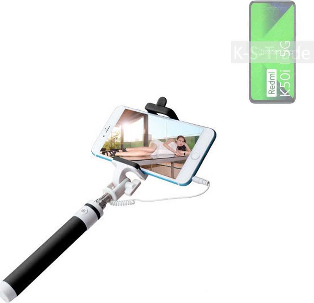 K-S-Trade Selfie Stick kompatibel mit Xiaomi Redmi K50i 5G Selfiestick kabelgebunden Monopod mit Kabel Stab Stange Selfportrait Handheldstick schwarz