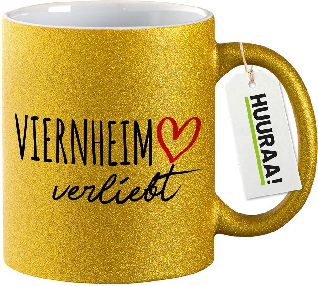 Huuraa Glitzertasse Viernheim verliebt 330ml Gold Keramik Kaffeebecher Geschenkidee