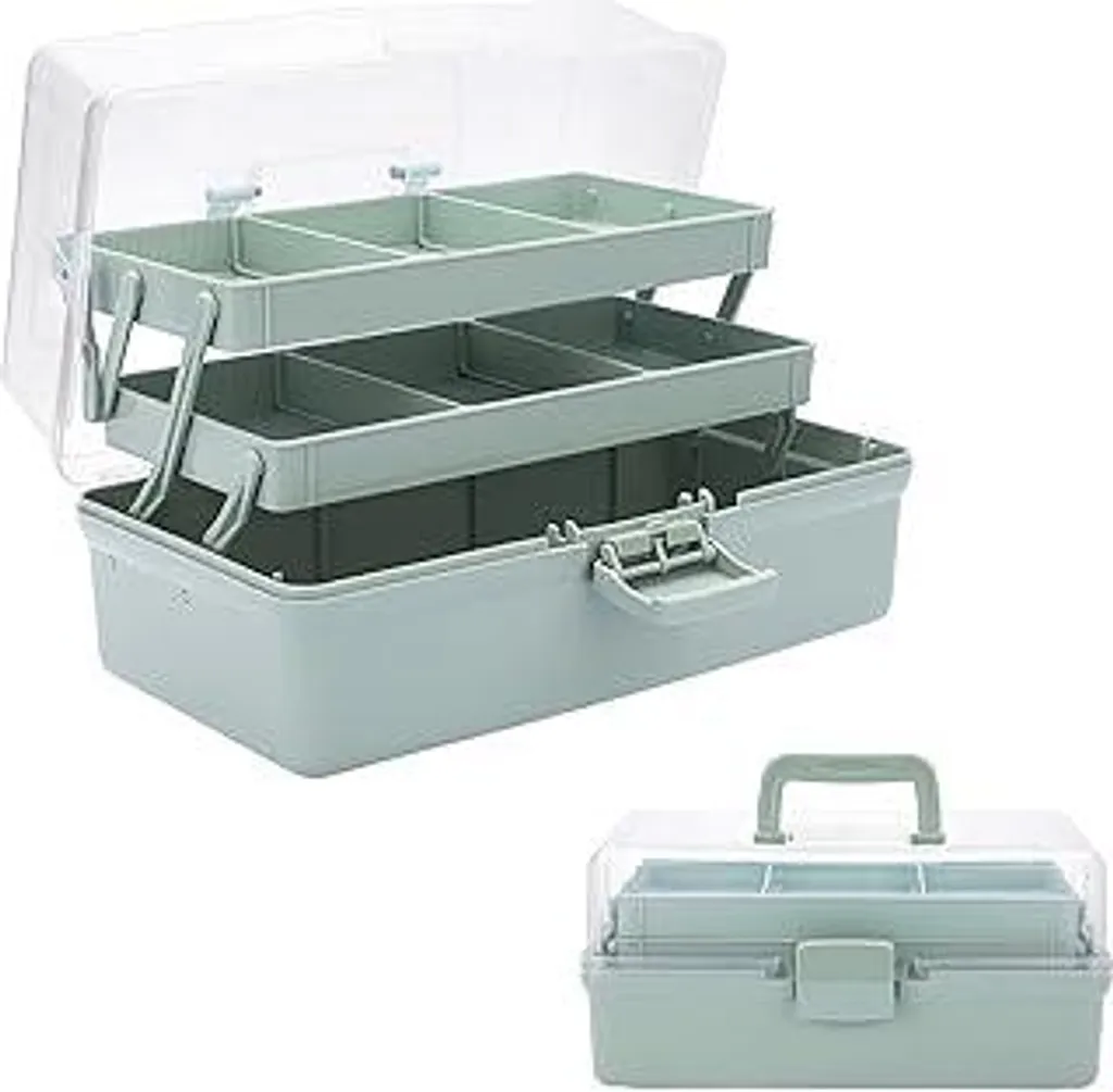 SUMNACON Scatola multiuso a 3 scomparti senza BPA Scatola da cucito Valigetta medica Scatola per penne Scatola divisoria regolabile Scatola per cosmetici Organizer portatile con coperchio per hobby, trucchi e utensili Verde chiaro - 1
