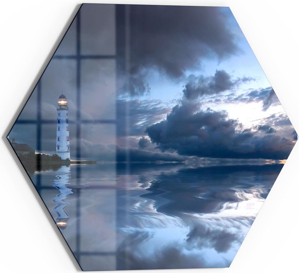 DEQORI Magnettafel Glas 40x35 cm 6-eckig 'Leuchtturm im Abendlicht' beschreibbar Whiteboard