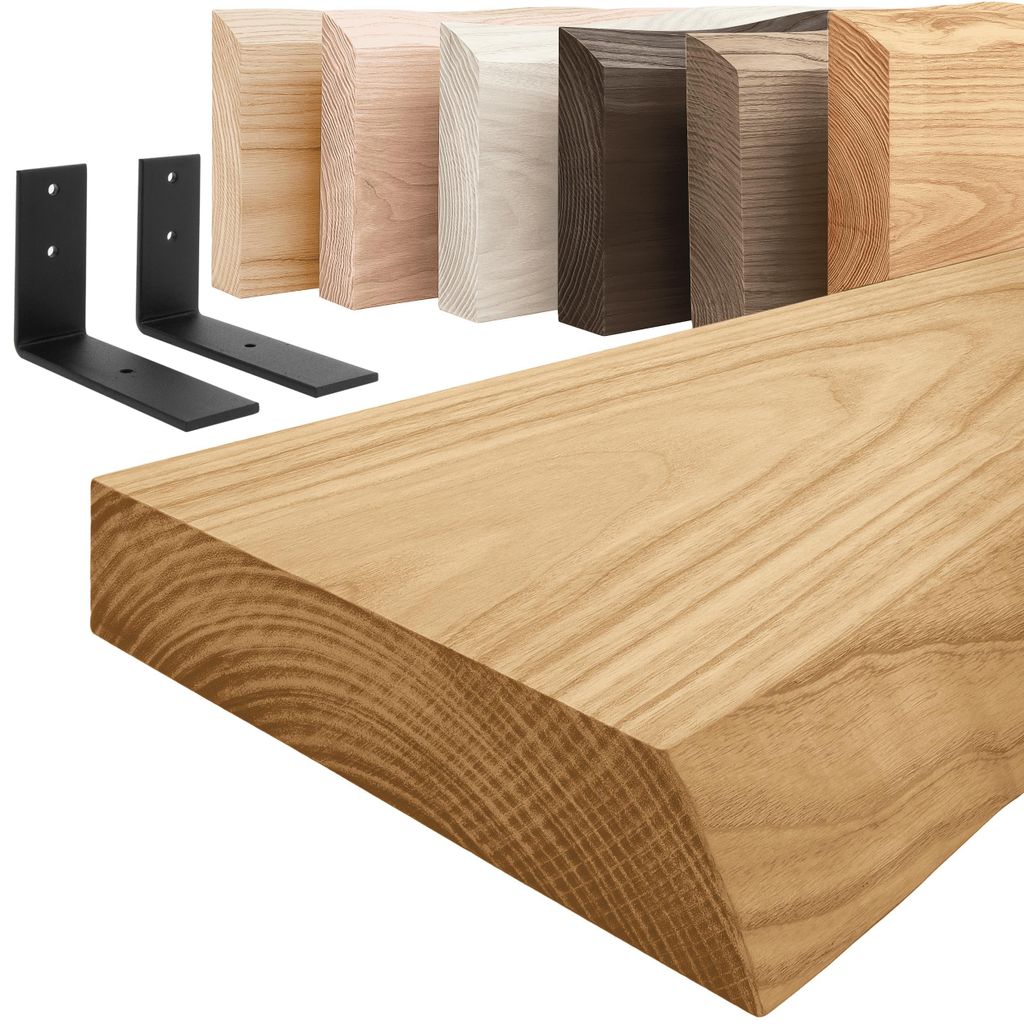 Handgefertigtes Holzregal mit schwarzen L-förmigen Halterungen | 40 cm breites Wandregal im Industriestil für Bad, Flur oder Küche | Farbe: Rust...