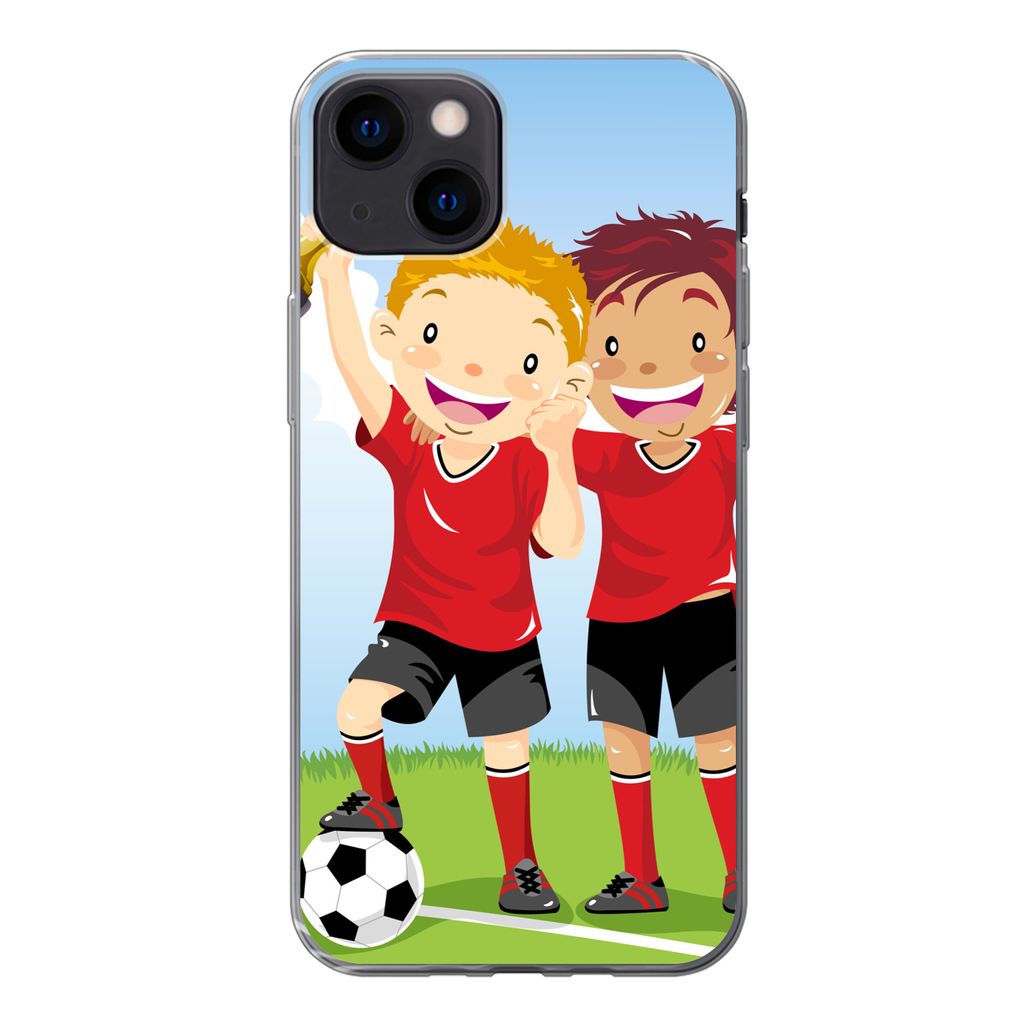 MuchoWow Handyhülle Schutzhülle Hülle für iPhone 13 Eine Illustration von zwei Fußballspielern, die einen Preis gewonnen haben - Jungen - M...