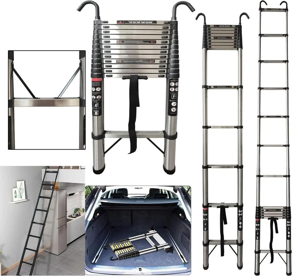 Teleskopleiter - Haushaltsleiter - 5 m Auszug - Mit Haken - 13 Sprossen - Max. 150 kg - Edelstahl & ABS - Zusammengeklappt 101 cm