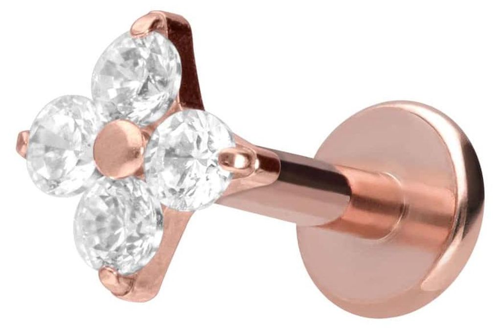 Ohrpiercing, Nasenpiercing Titan Labret mit Innengewinde KRISTALLBLUME RoséGold Stablänge: 6mm | Stabstärke: 1,6mm