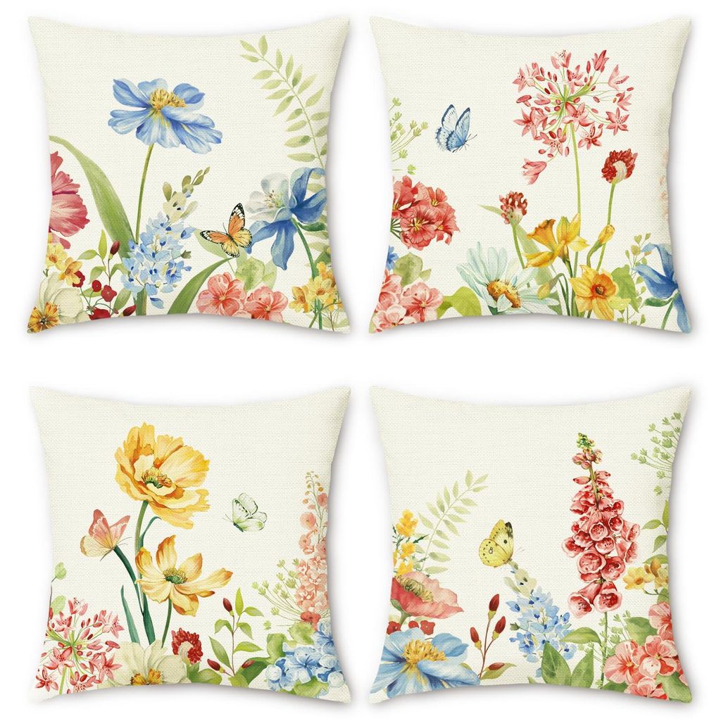 Set mit 4 Kissenbezügen mit Frühlingsblumenmuster, 45 x 45 cm, dekorative Kissenbezüge für Sofa, Wohnzimmer, Wohnung und Terrasse.