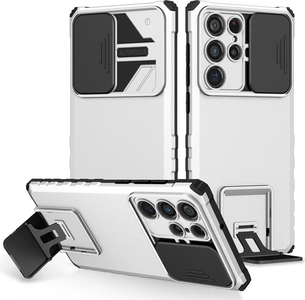 Custodia per Samsung Galaxy S22 Ultra 5G robusta a doppio strato, protezione militare con kickstand e protezione scorrevole per la fotocamera Bianco