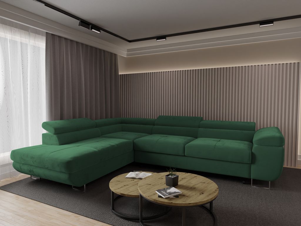 4ALLHOME Ecksofa Luna mit Schlaffunktion, Couch, Sofa mit Bettkasten, Eckcouch, L-Form Seite: Links, Monolith 37 Flaschengrün