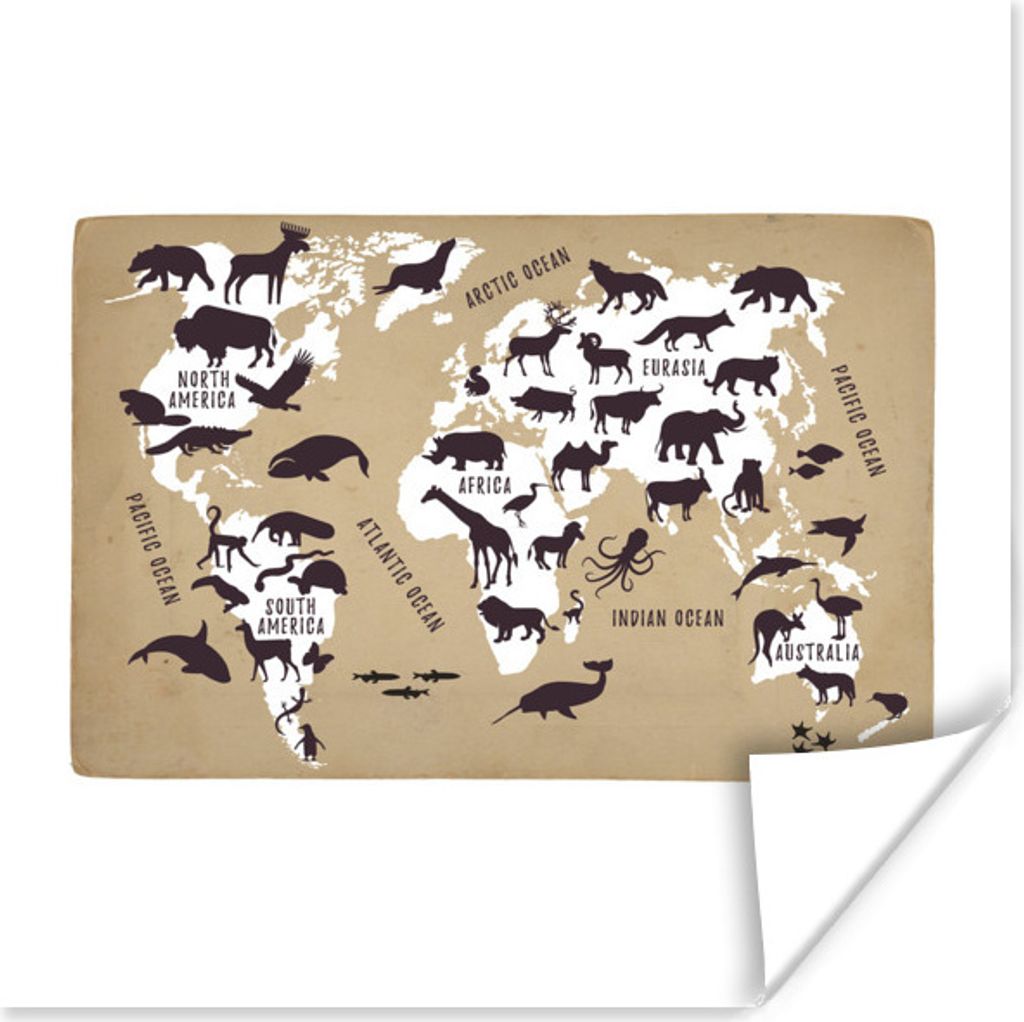 MuchoWow Poster Weltkarte Kinder - Weiß - Tiere 100x100 cm - Babyzimmer