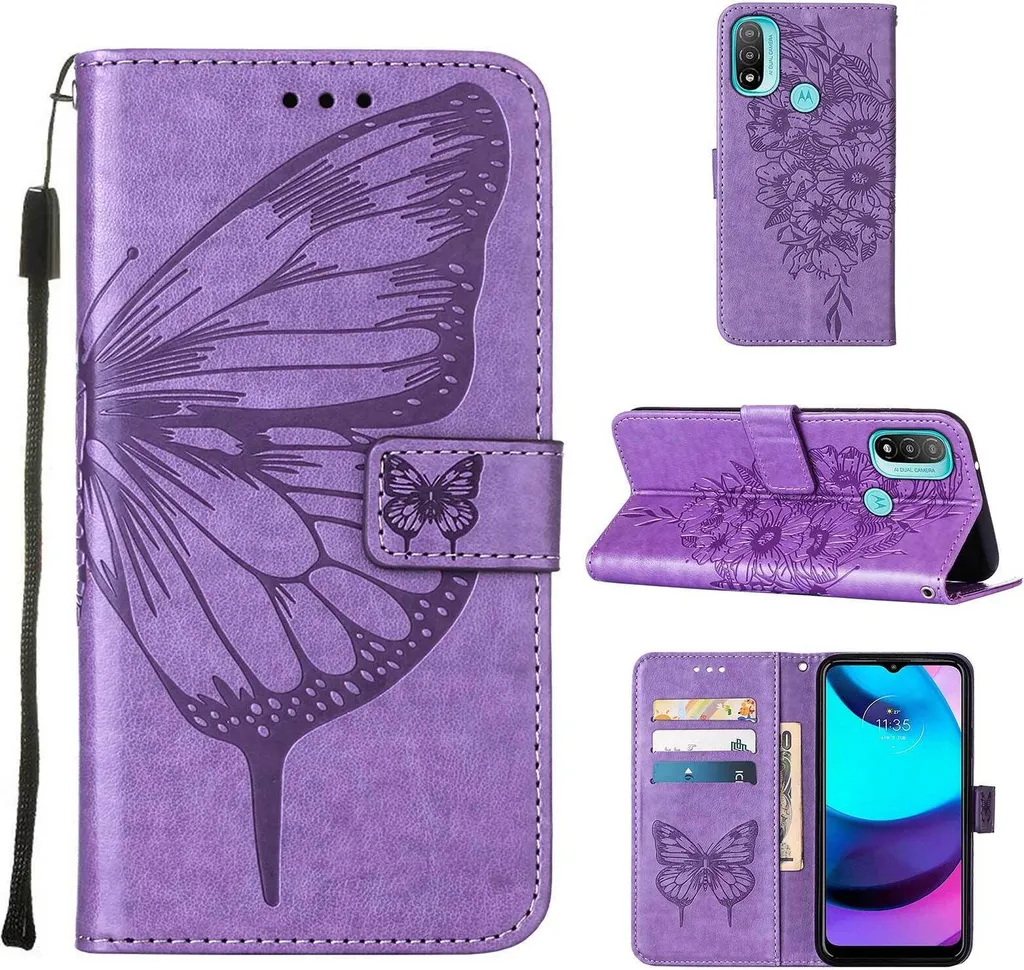 Moto E20 Case, Butterfly Relief Flip Custodia in pelle con slot per schede e stand per Motorola Moto E20 / E30 / E40 Viola