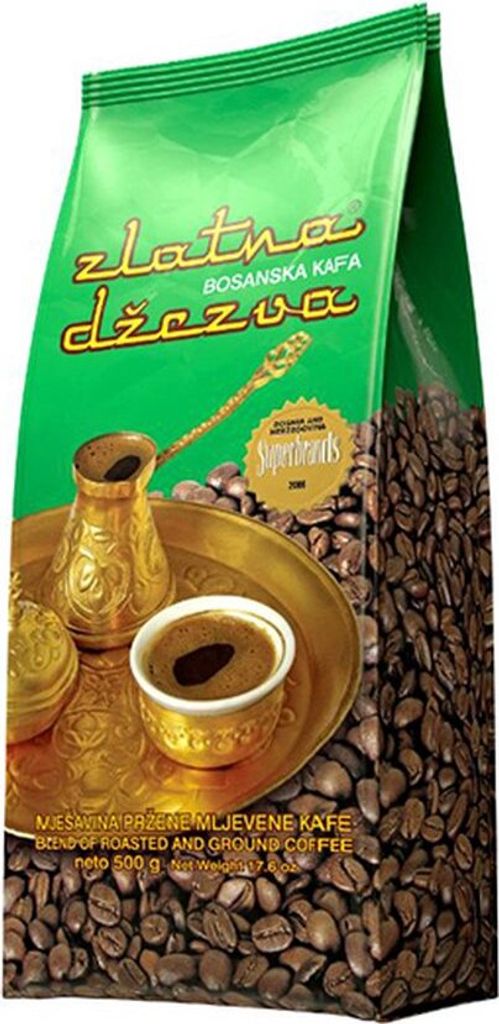 A bag of ground coffee with an image of a traditional coffee set.