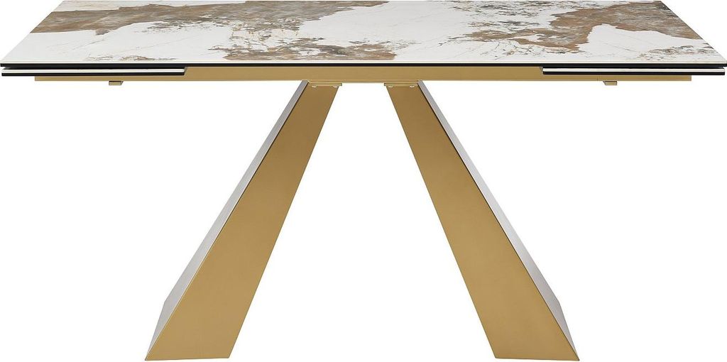 Klappbarer Esstisch für 6 bis 10 Personen aus gehärtetem Glas, Keramik und goldenem Metall - Weißer Marmor und Taupe-Effekt - LOZIPA von Maison ...