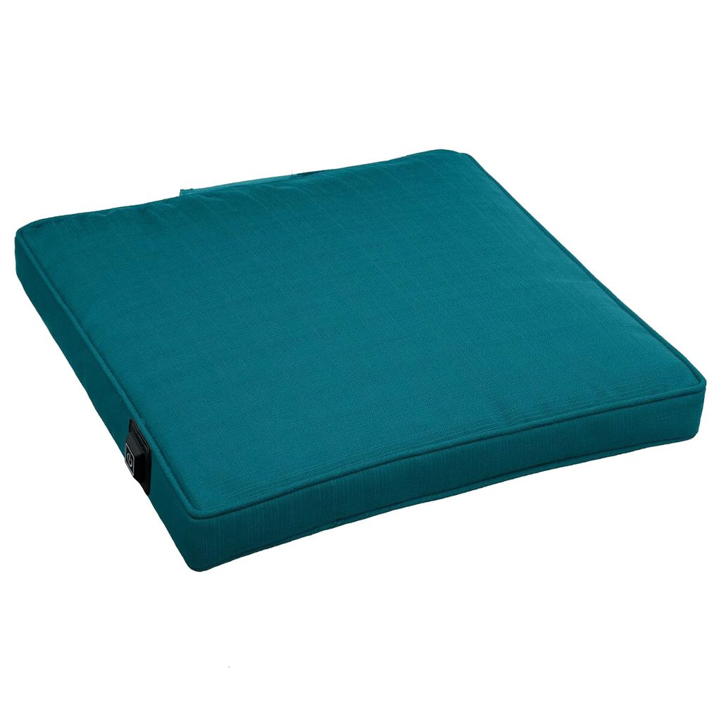 A teal colored cushion is shown against a white background.