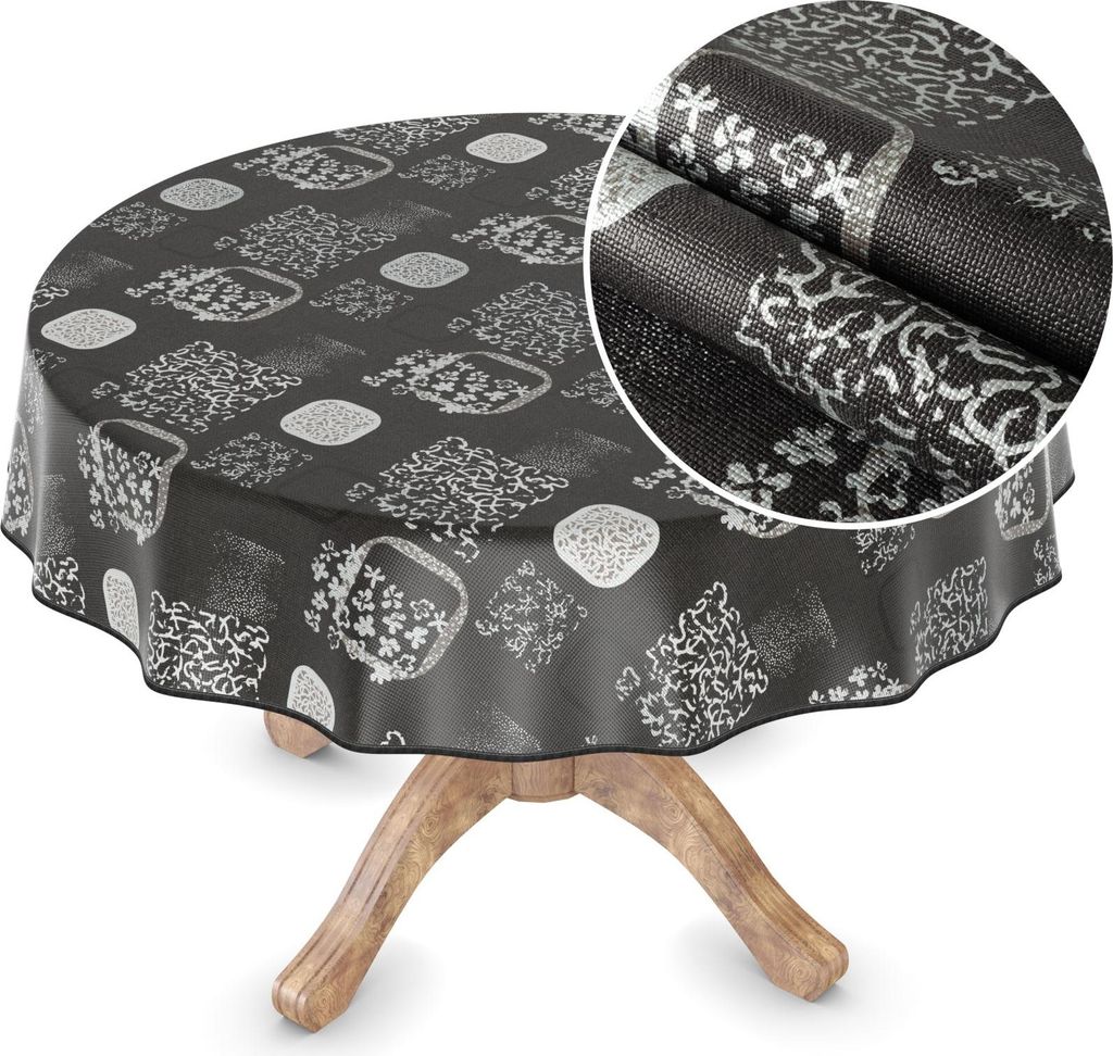 Tischdecke Wachstuch Premium Ornamente Schwarz Robust Wasserabweisend Rund 120 cm
