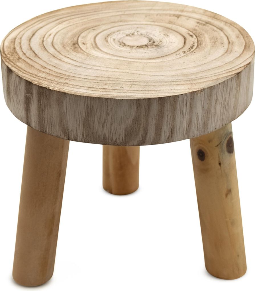 A close-up studio shot of a wooden stool with a natural wood grain top and three legs.