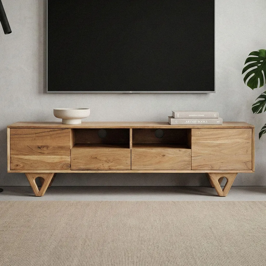 Meuble TV WOHNLING en bois d'acacia massif 160 cm avec tiroirs et portes