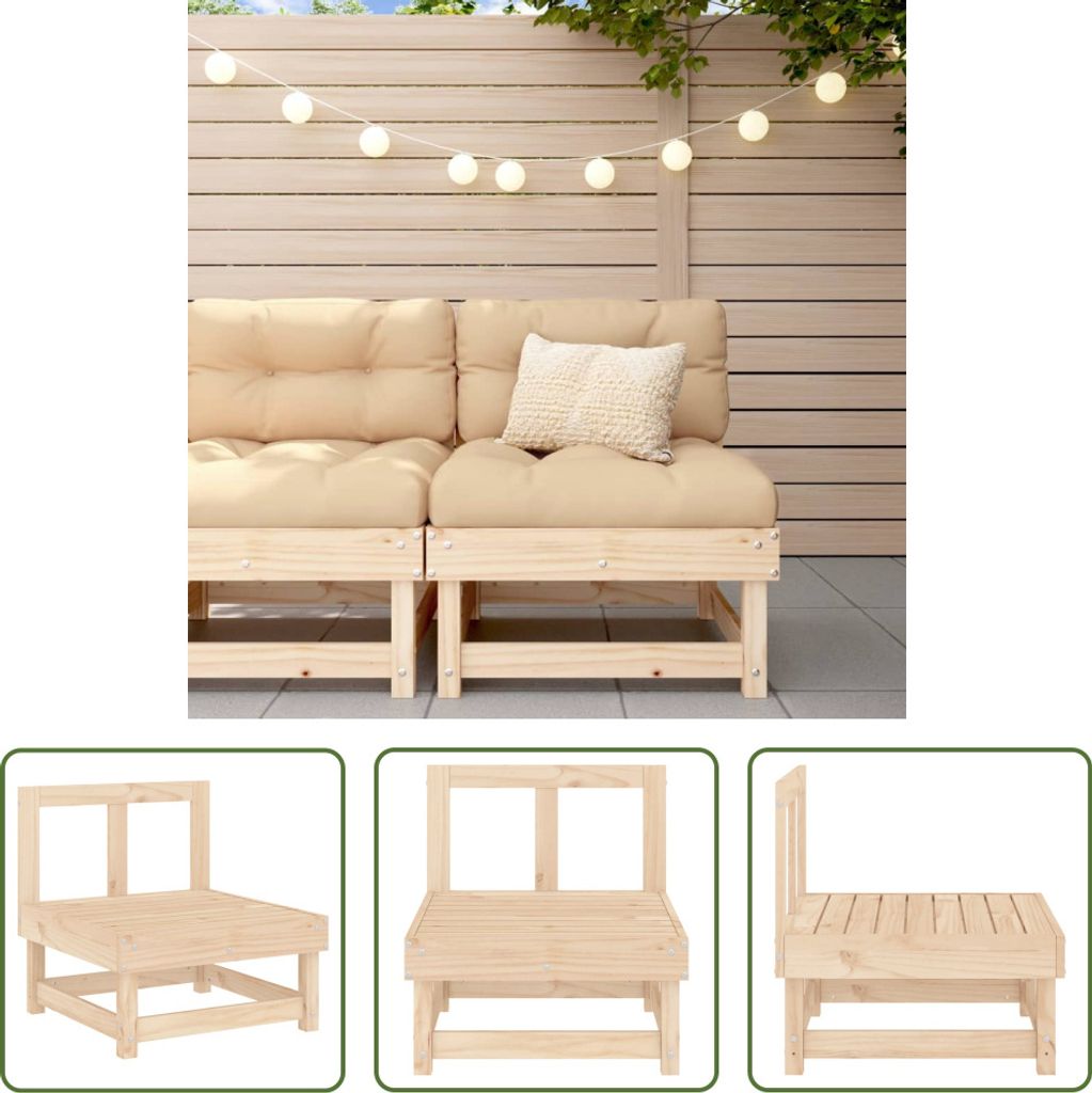 A modular sofa made of wood with beige cushions, shown in a lifestyle setting with string lights and in individual component shots.
