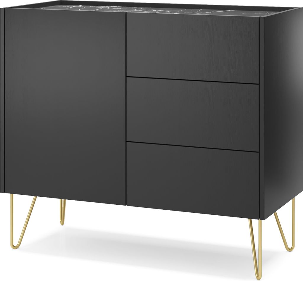 Masseno Kommode ARMONIA 97 cm Sideboard mit 3 Schubladen und 1 Türen für Wohnzimmer Schlafzimmer Modern 97x37x83 cm Schwarz / Schwarz