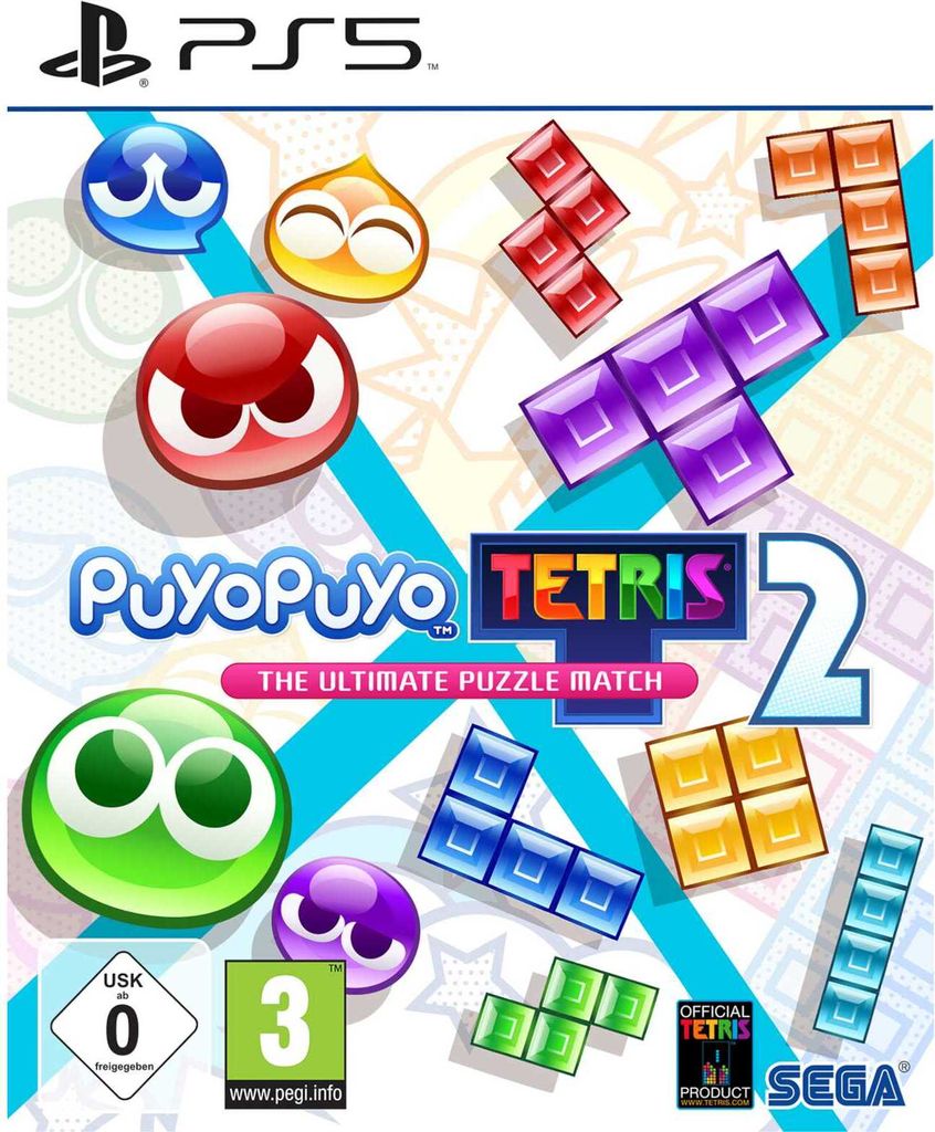 The image is a collage of game characters and Tetris blocks, with the game title prominently displayed.