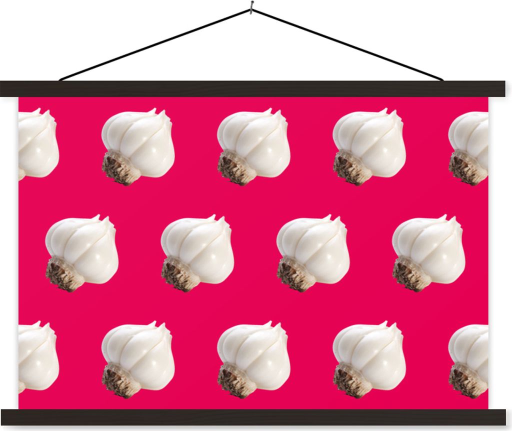 MuchoWow Textilposter Knoblauch - Muster - Rot 90x60 cm mit schwarzem Rahmen - Aufhängungssatz