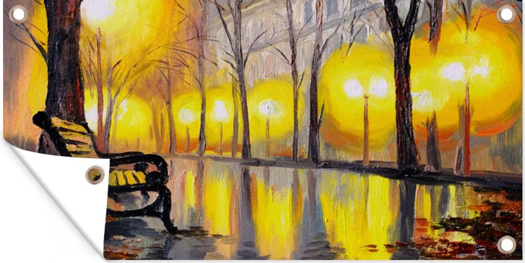 MuchoWow 80x40 cm Outdoor-Poster Gartendeko Sichtschutz Garten Poster für den Garten Malerei - Bank - Wasser - Licht - Öl