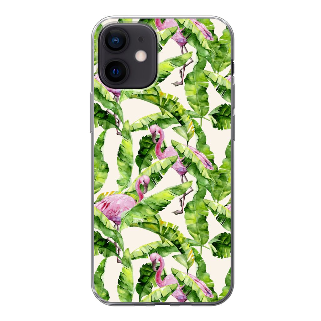 MuchoWow Handyhülle Schutzhülle Hülle für iPhone 12 Flamingo - Blätter - Muster Silikon Softcase Handy Hülle - Schutzhülle