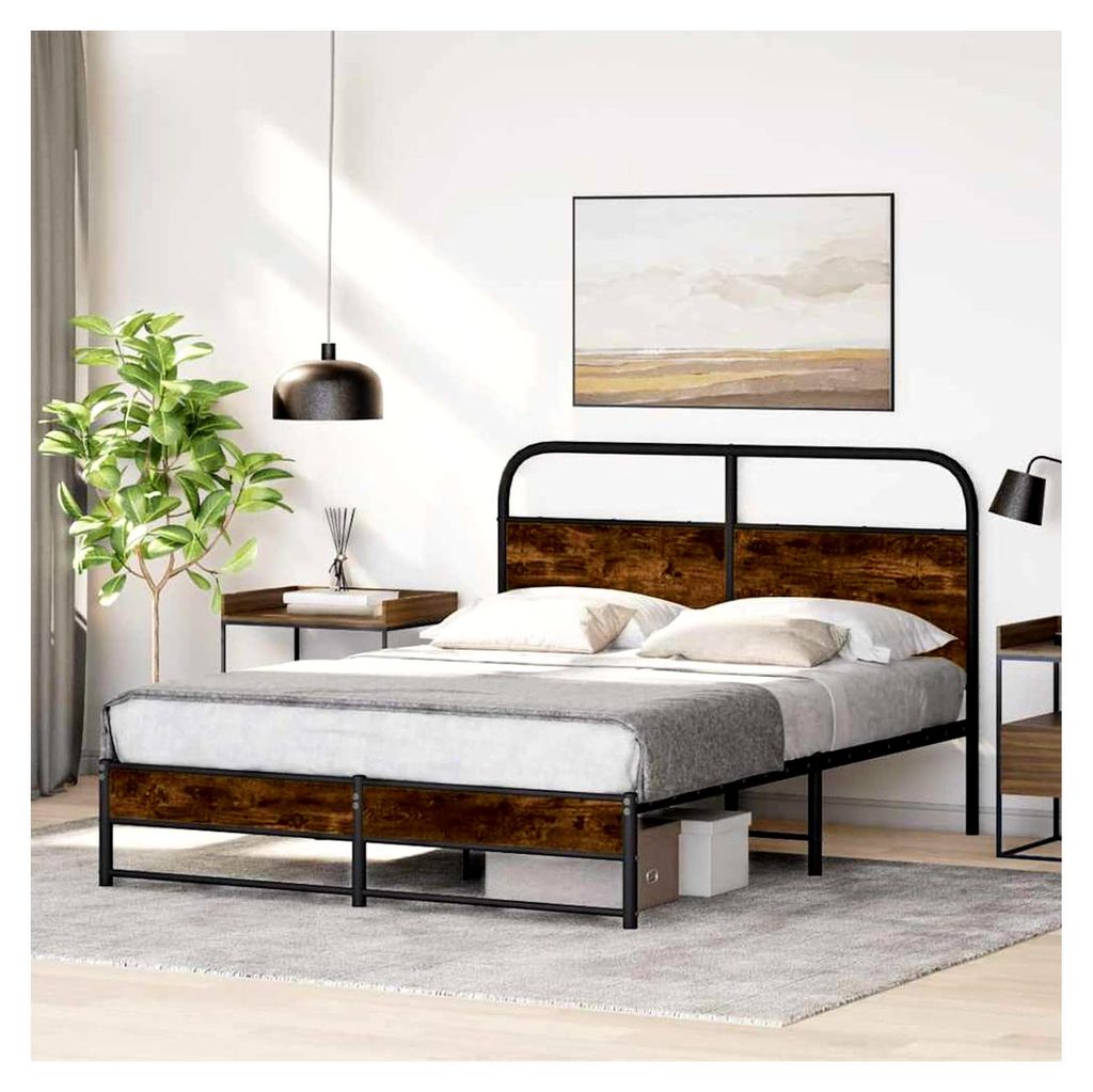 Robustes Stahlbettgestell mit Holzwerkstoff Kopfteil - 140x190 cm - Räuchereiche