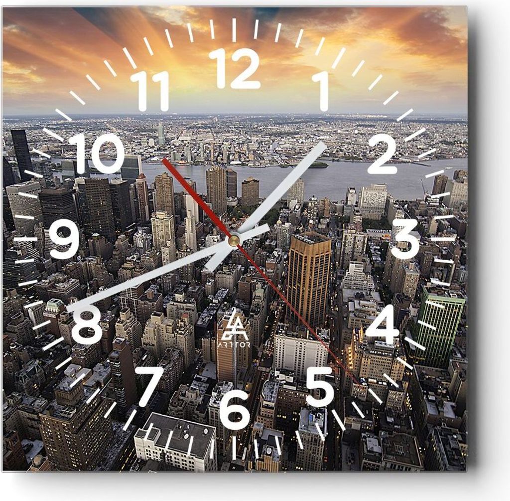 Wanduhr - Quadrat - Glasuhr - Amerika wohnung architektur stadt - 30x30cm - Schleichendes Uhrwerk - Lautlos - zum Aufhängen bereit - Dekoration Mo...