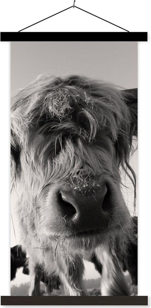 MuchoWow Textilposter Schottisches Hochlandrind - Schwarz - Weiß - Tiere 40x80 cm mit schwarzem Rahmen - Wandemalerei