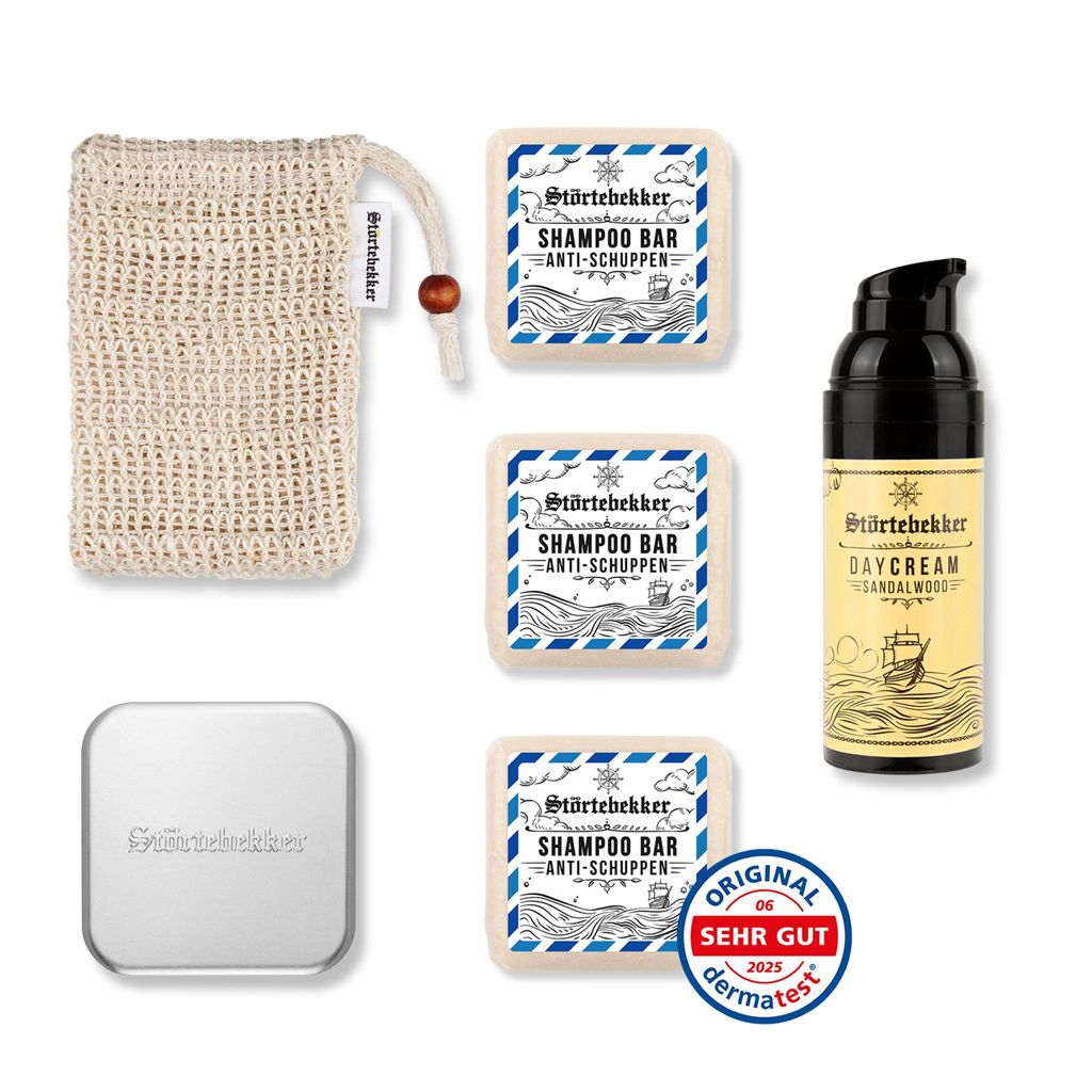 Störtebekker Dusch Routine Set - 3 x festes Shampoo (Anti-Schuppen), Sisalsäckchen, Seifendose & Tagescreme - für die tägliche Pflege