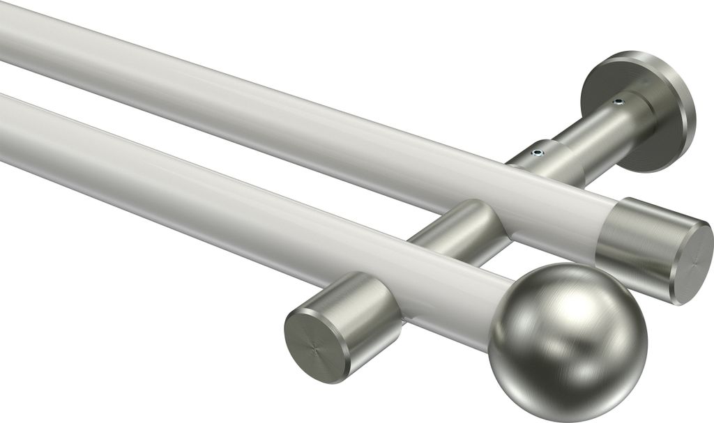 Interdeco Gardinenstange / Vorhangstange Weiß / Edelstahl-Optik, Typ Prestige Luino (Kugel) ohne Ringe, 20 mm Ø 2-läufig, 540 cm
