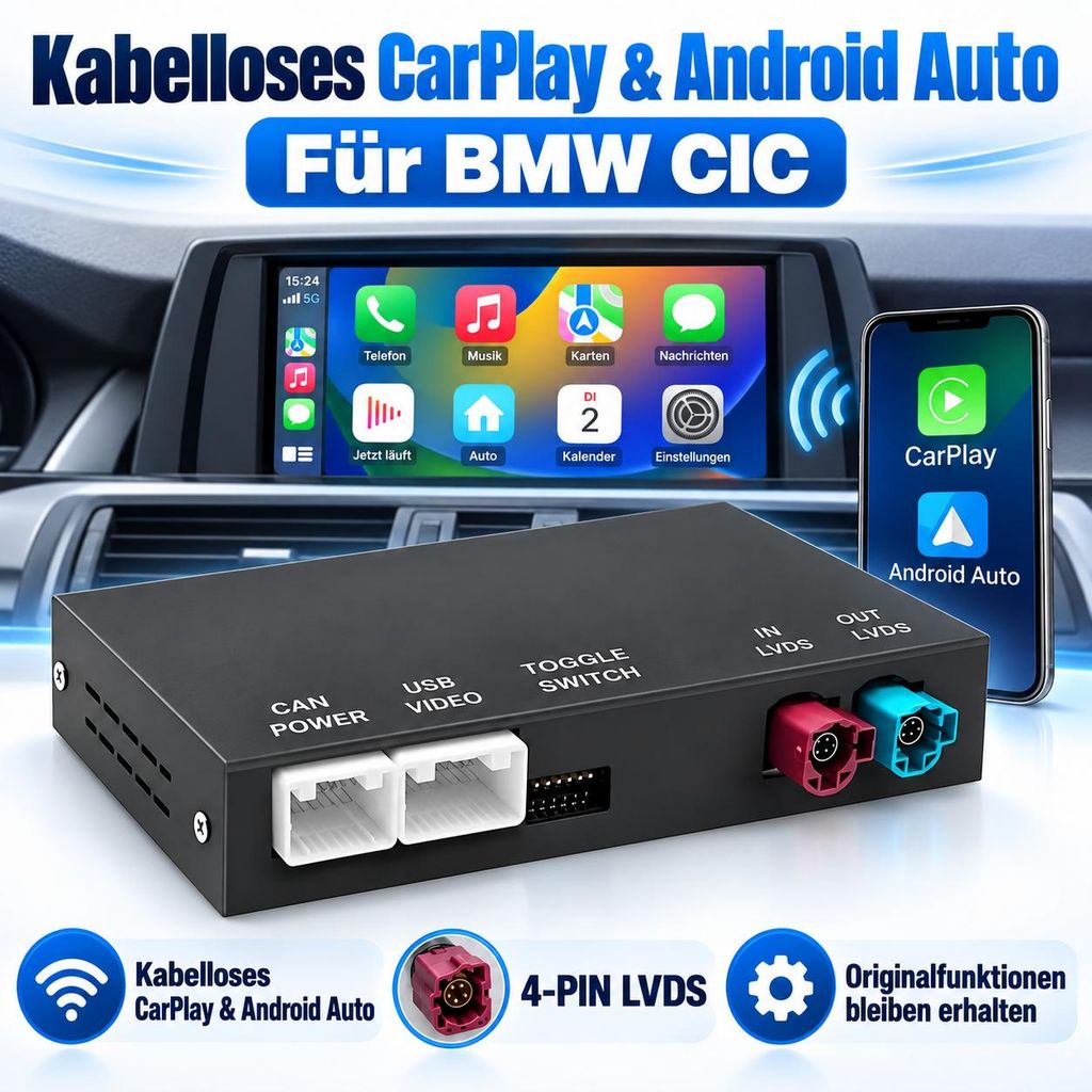 Kabelloses CarPlay Android Auto Interface für BMW CIC, Produktbild  KI-generiertes Bild