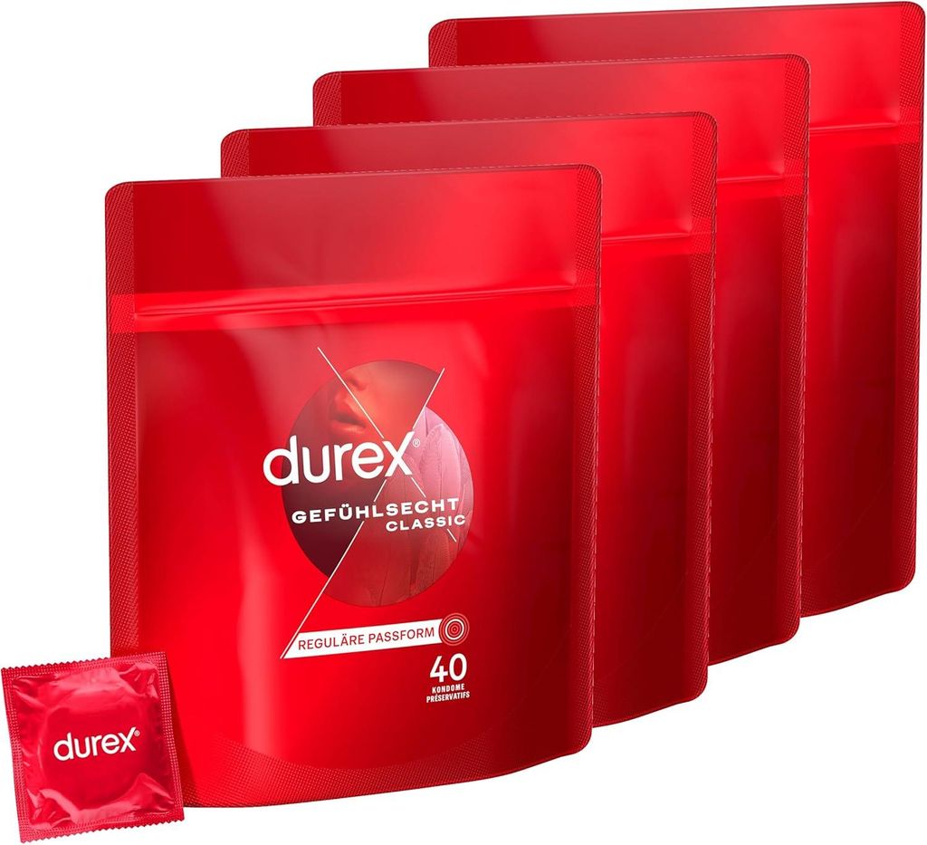 Durex Gefühlsecht Classic Kondome – Dünne Kondome mit anatomischer Easy-On-Form & mit Silikongleitgel befeuchtet – 160er Pack (4 x 40 Stück)...
