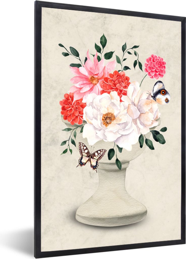 MuchoWow Gerahmtes Poster Schmetterlinge - Blumen - Stillleben 40x60 cm - Poster mit Schwarzem Bilderrahmen Wandposter Rahmen Foto Bilder - Papie...