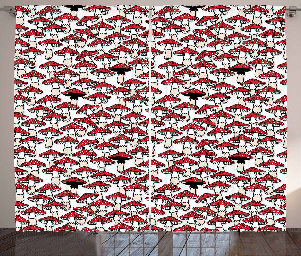 ABAKUHAUS rot-Weiss Rustikaler Vorhang, Toadstool-Pilz, Wohnzimmer Universalband Gardinen mit Schlaufen und Haken, 280 x 245 cm, Schwarz Weiß Rot