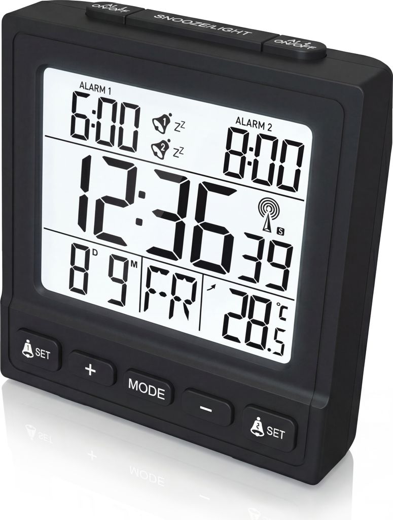 BEARWARE Funkwecker digital, digitaler Wecker, DCF, Innentemperaturanzeige, Datums & Wochentagsanzeige, Hintergrundbeleuchtung, 2 Alarme