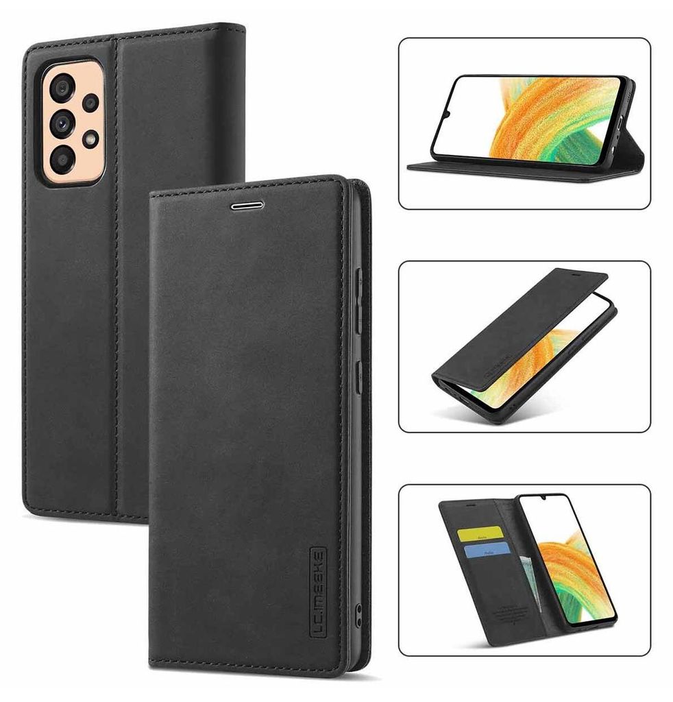 Collage of images showing a black phone case from different angles and in use.