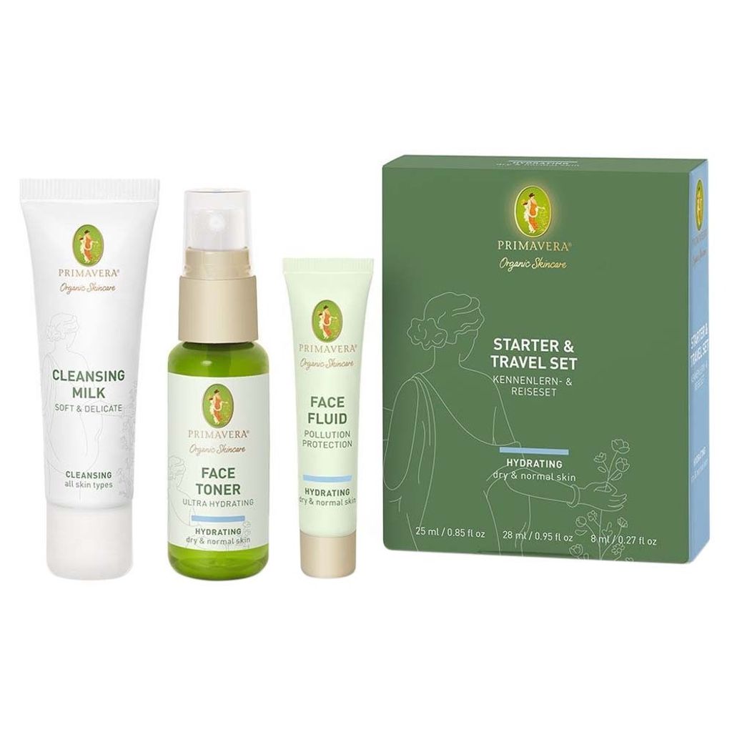 PRIMAVERA Hydrating Starter and Travel Set for Normal to Dry Skin - Vegan Skincare Gift Box with Cleanser, Toner, and Moisturizer