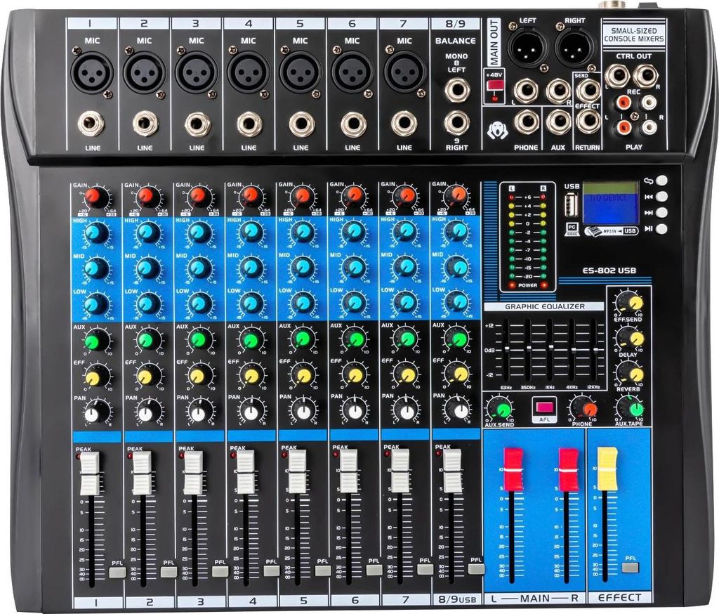Audio-Mischpult/Mixer - ES-802 8-Kanal Stereo - Bluetooth - USB - Live/Studio - 100–240V Netzbetrieb - Schwarz