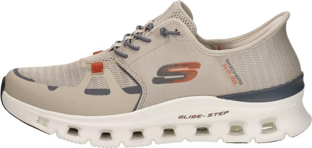 A side view of a single beige Skechers Glide Step Slip In sports shoe.