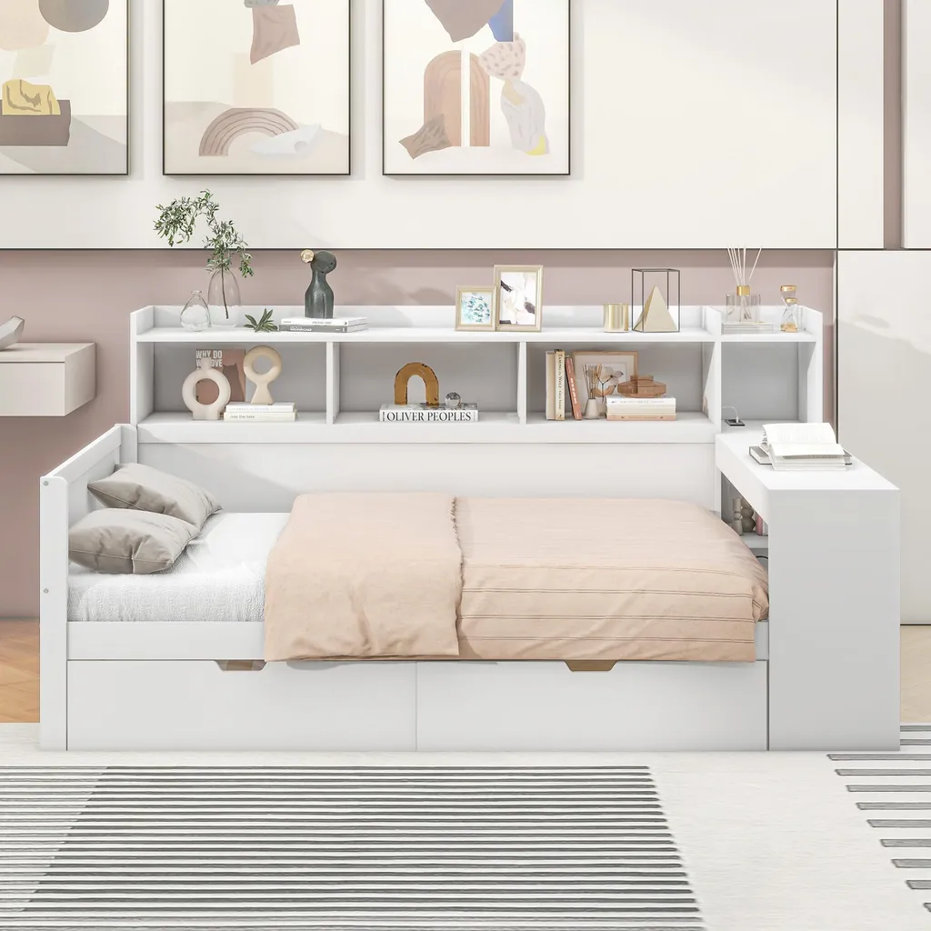 Canapé-lit Connecté 90x200 cm avec Port USB et Double Tiroir Blanc Mat