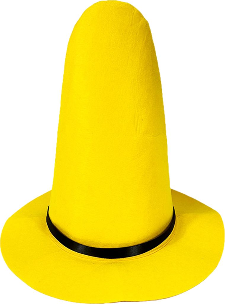 A yellow witch hat with a black ribbon around the brim, isolated on a white background.